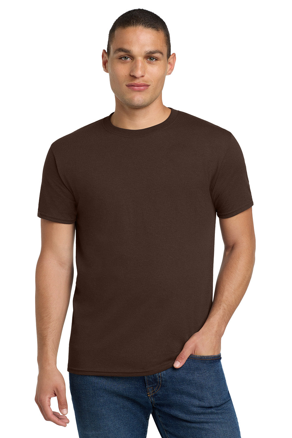 Jerzees 29M/29MR/29MT Mens Dri-Power Moisture Wicking Short Sleeve Crewneck T-Shirt Chocolate Brown Model Front