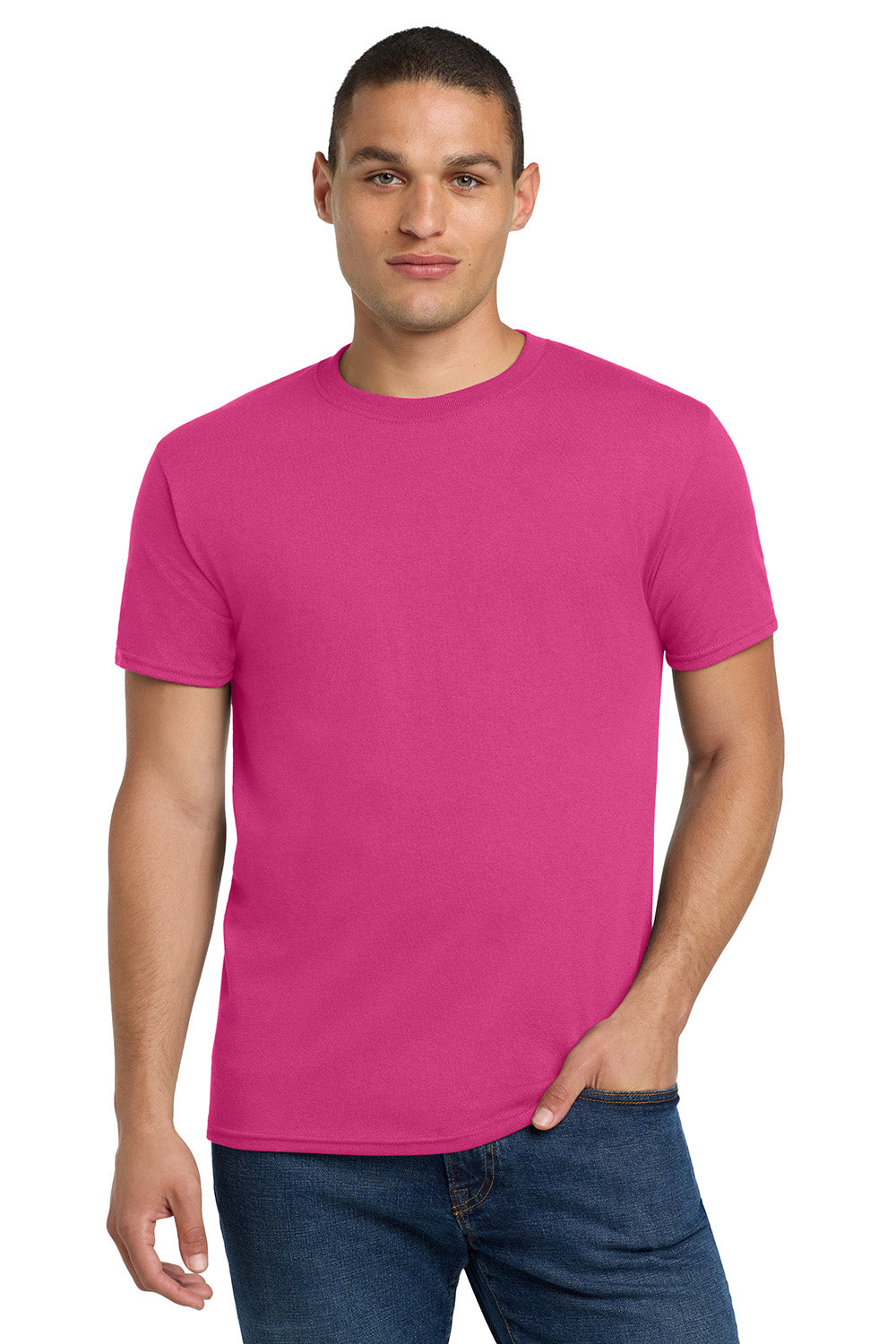 Jerzees 29M/29MR/29MT Mens Dri-Power Moisture Wicking Short Sleeve Crewneck T-Shirt Cyber Pink Model Front