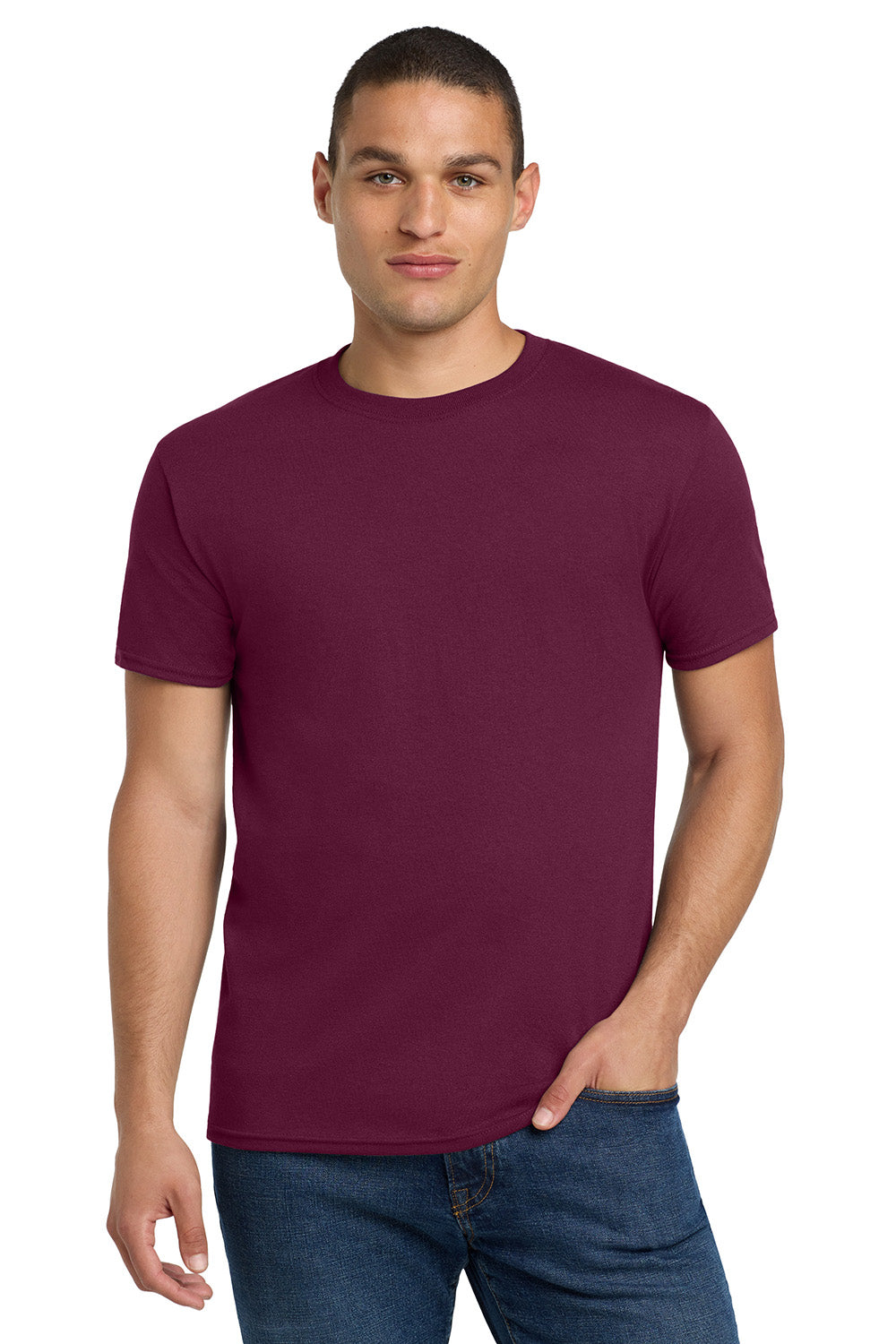 Jerzees 29M/29MR/29MT Mens Dri-Power Moisture Wicking Short Sleeve Crewneck T-Shirt Maroon Model Front