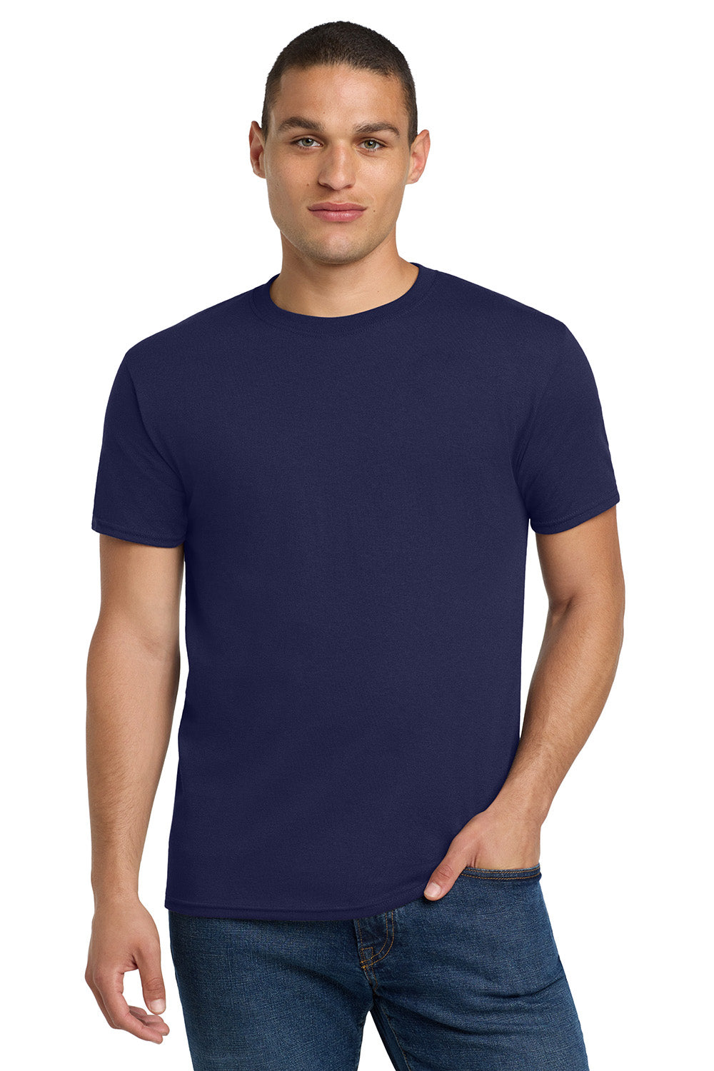 Jerzees 29M/29MR/29MT Mens Dri-Power Moisture Wicking Short Sleeve Crewneck T-Shirt Navy Blue Model Front