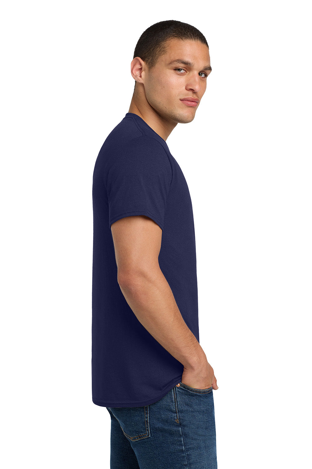 Jerzees 29M/29MR/29MT Mens Dri-Power Moisture Wicking Short Sleeve Crewneck T-Shirt Navy Blue Model Side