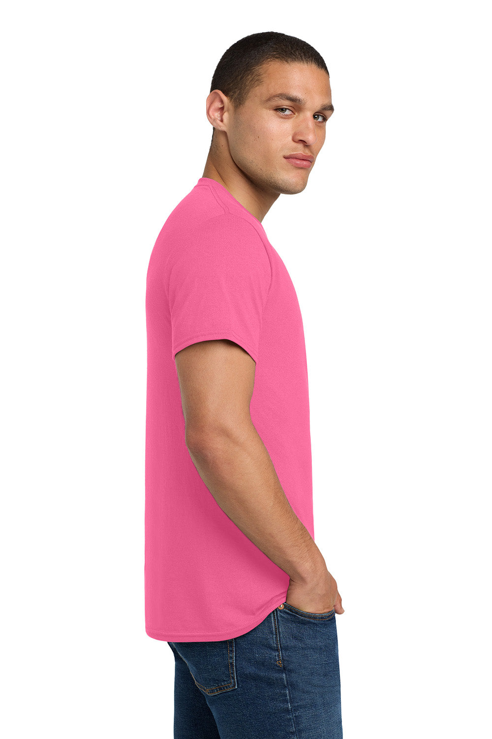 Jerzees 29M/29MR/29MT Mens Dri-Power Moisture Wicking Short Sleeve Crewneck T-Shirt Neon Pink Model Side