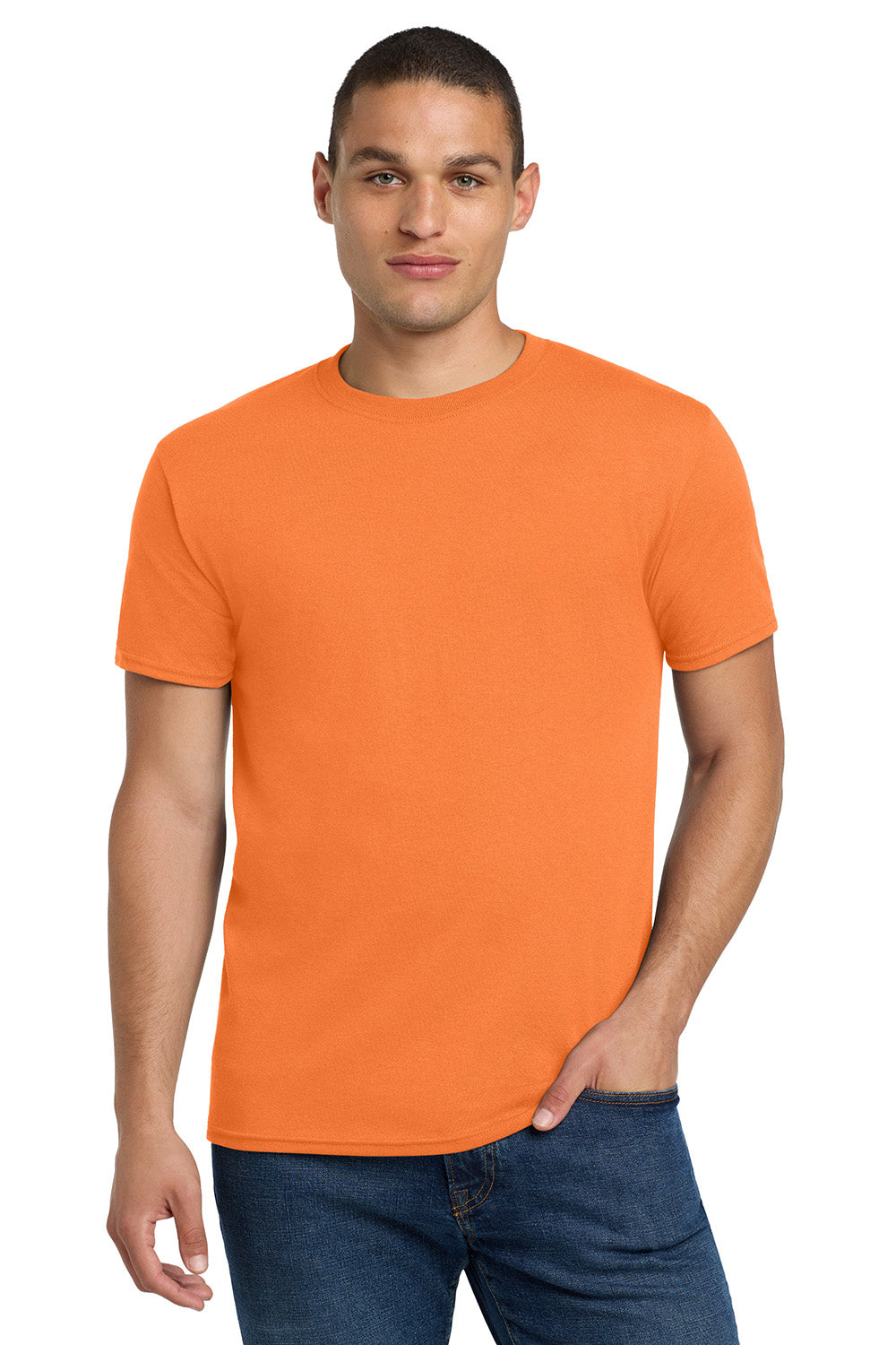 Jerzees 29M/29MR/29MT Mens Dri-Power Moisture Wicking Short Sleeve Crewneck T-Shirt Safety Orange Model Front