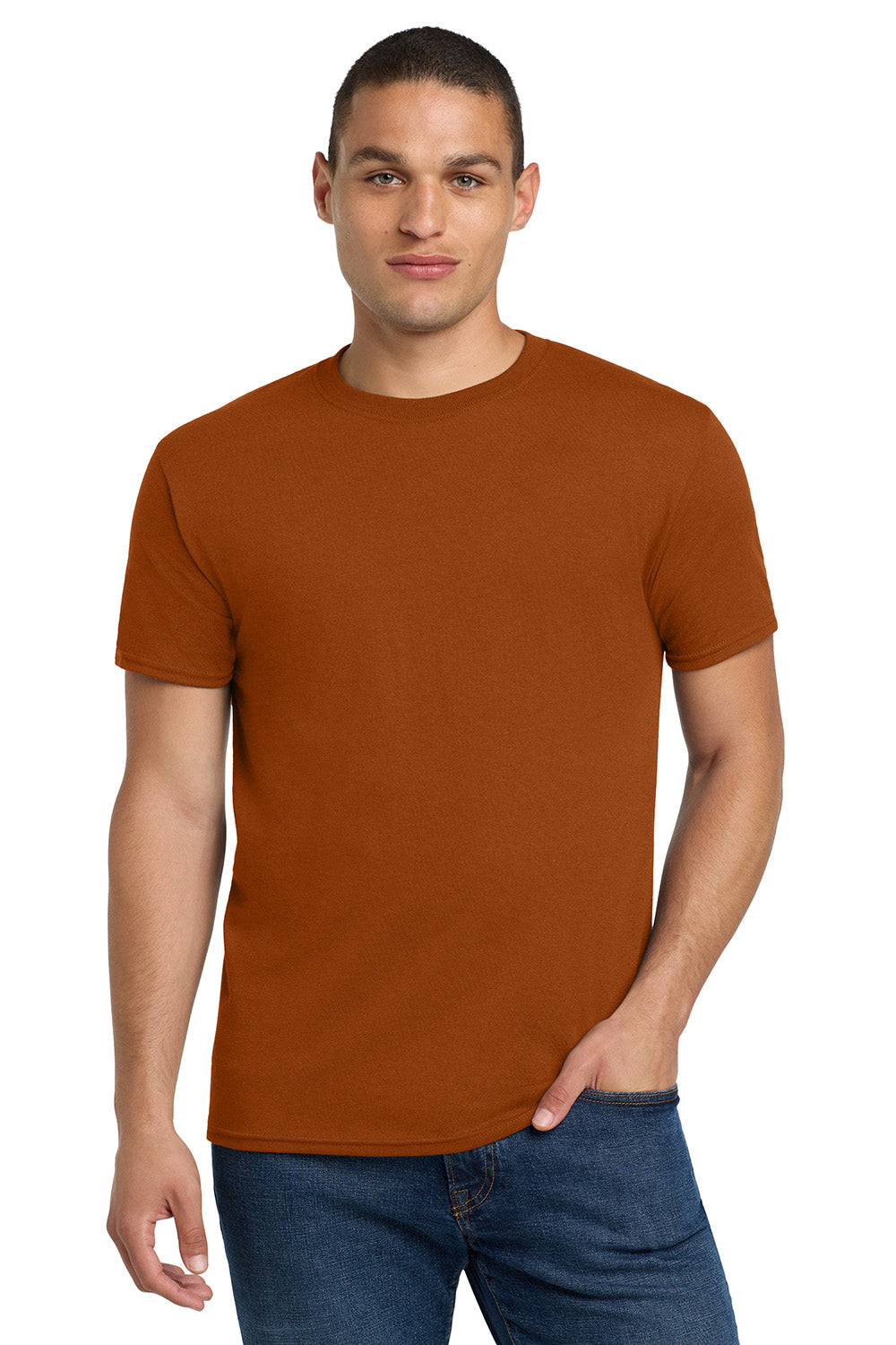 Jerzees 29M/29MR/29MT Mens Dri-Power Moisture Wicking Short Sleeve Crewneck T-Shirt Texas Orange Model Front