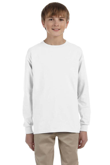 Jerzees 29BL/29BLR Youth Dri-Power Moisture Wicking Long Sleeve Crewneck T-Shirt White Model Front