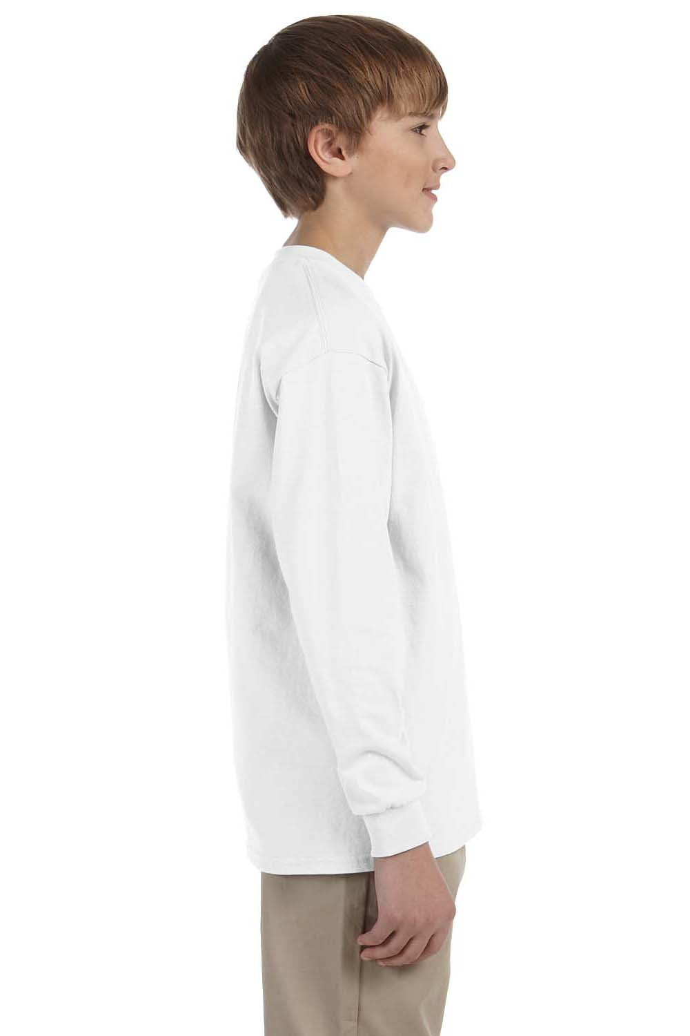 Jerzees 29BL/29BLR Youth Dri-Power Moisture Wicking Long Sleeve Crewneck T-Shirt White Model Side