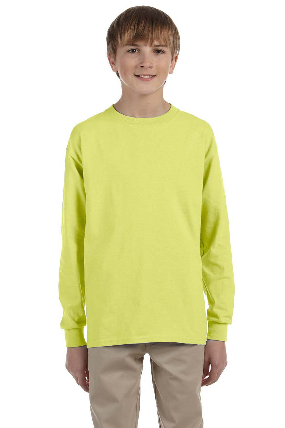 Jerzees 29BL/29BLR Youth Dri-Power Moisture Wicking Long Sleeve Crewneck T-Shirt Safety Green Model Front