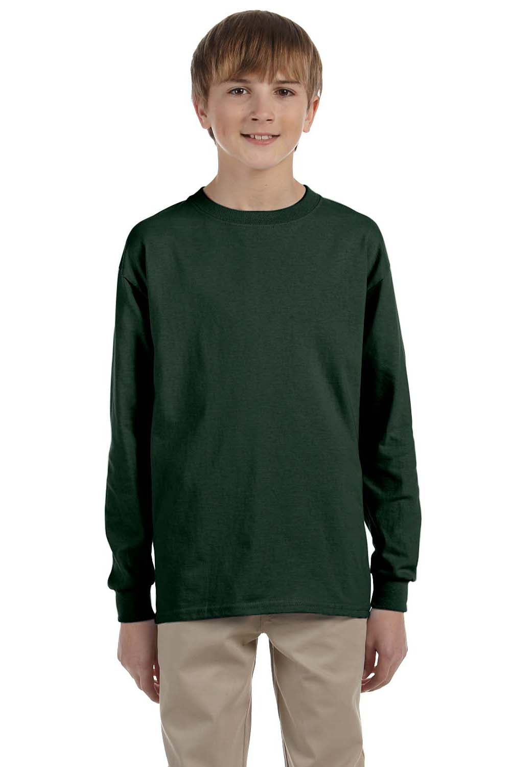 Jerzees 29BL/29BLR Youth Dri-Power Moisture Wicking Long Sleeve Crewneck T-Shirt Forest Green Model Front