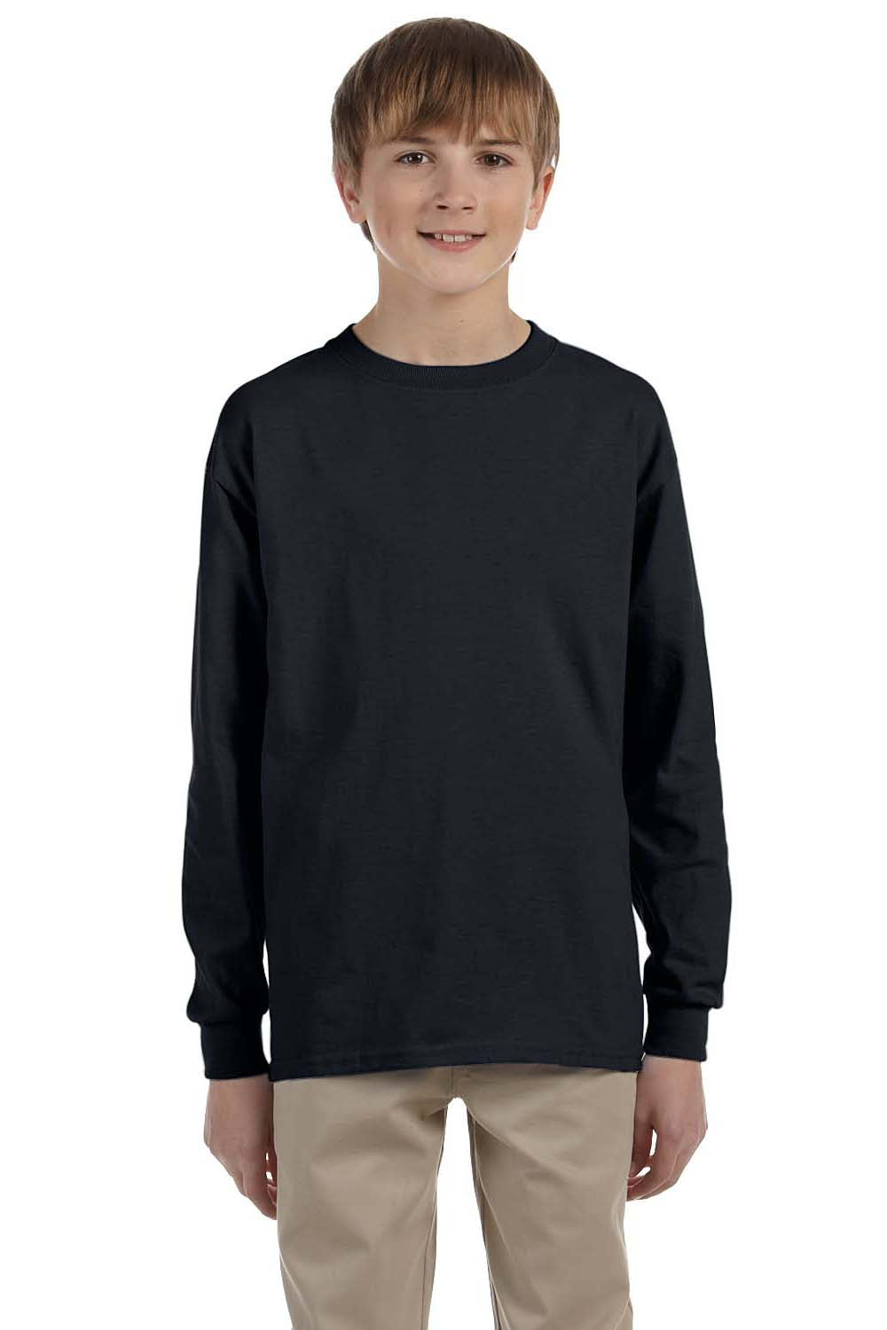 Jerzees 29BL/29BLR Youth Dri-Power Moisture Wicking Long Sleeve Crewneck T-Shirt Black Model Front