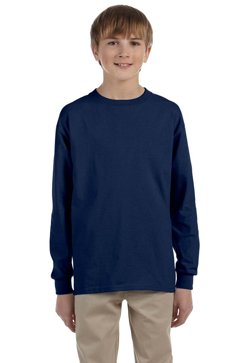 Jerzees 29BL/29BLR Youth Dri-Power Moisture Wicking Long Sleeve Crewneck T-Shirt Navy Blue Model Front