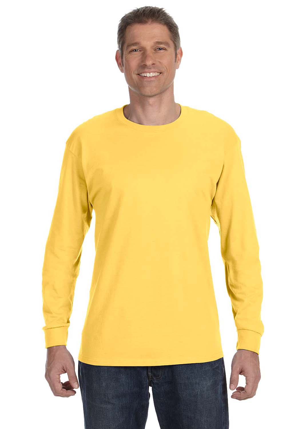 Jerzees 29LS/29L/29LSR Mens Dri-Power Moisture Wicking Long Sleeve Crewneck T-Shirt Island Yellow Model Front