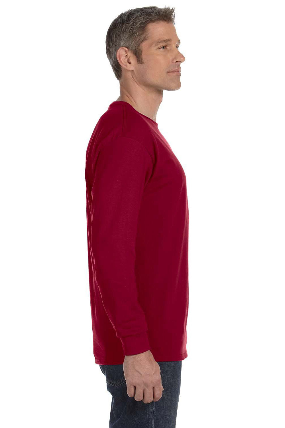 Jerzees 29LS/29L/29LSR Mens Dri-Power Moisture Wicking Long Sleeve Crewneck T-Shirt Cardinal Red Model Side