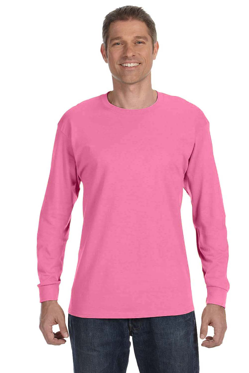 Jerzees 29LS/29L/29LSR Mens Dri-Power Moisture Wicking Long Sleeve Crewneck T-Shirt Neon Pink Model Front