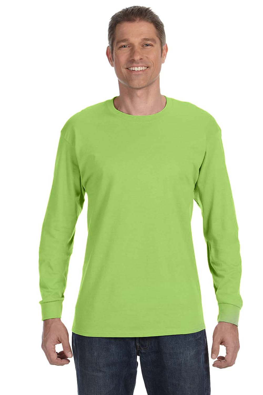 Jerzees 29LS/29L/29LSR Mens Dri-Power Moisture Wicking Long Sleeve Crewneck T-Shirt Neon Green Model Front