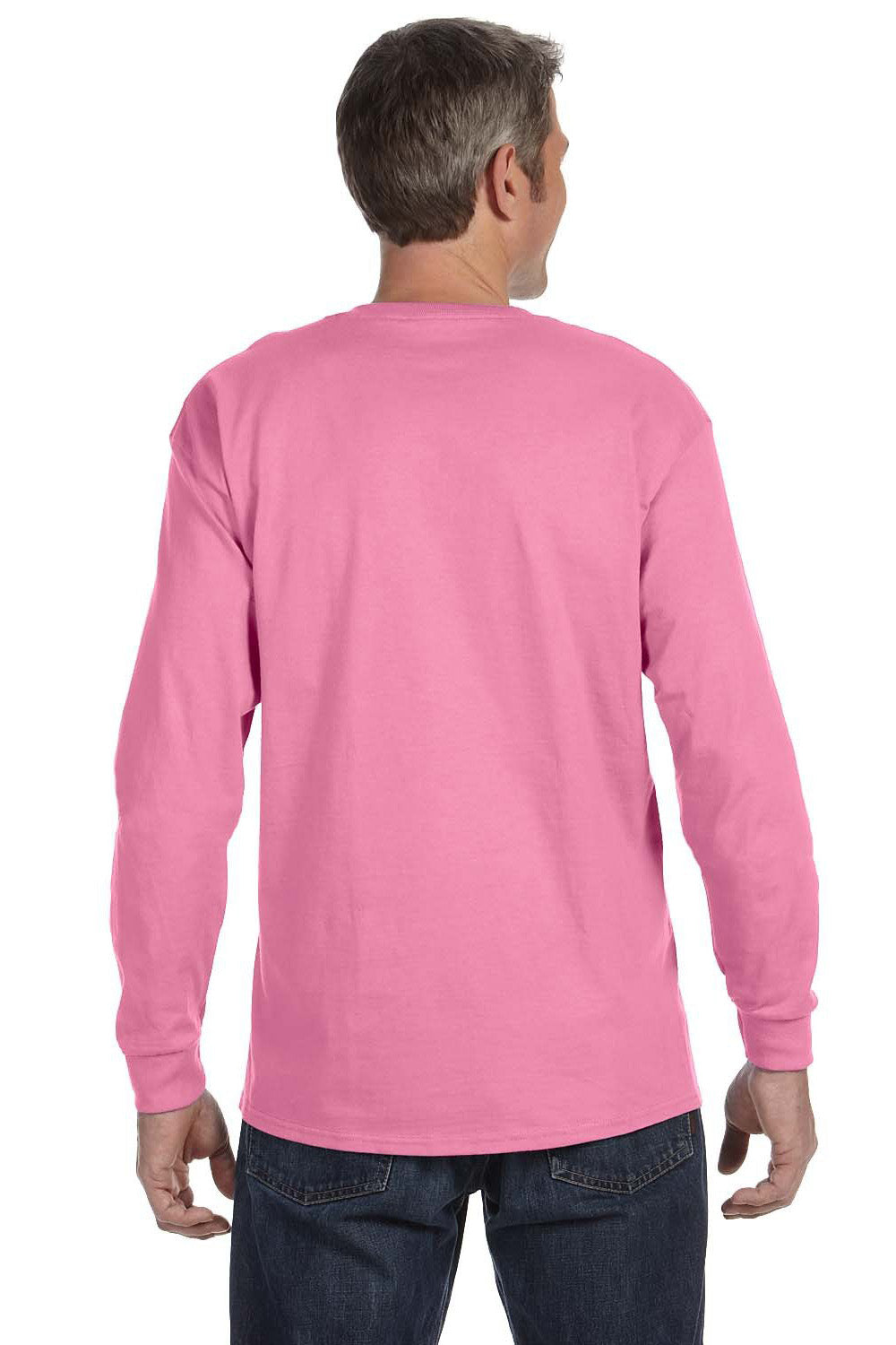 Jerzees 29LS/29L/29LSR Mens Dri-Power Moisture Wicking Long Sleeve Crewneck T-Shirt Azalea Pink Model Back