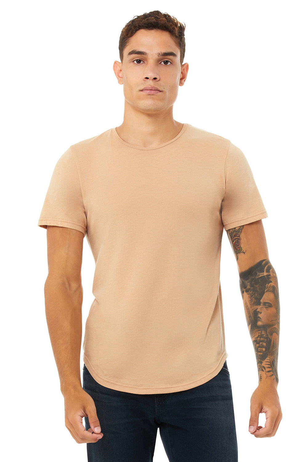 Bella + Canvas 3003C Mens Curved Hem Short Sleeve Crewneck T-Shirt Heather Sand Dune Model Front