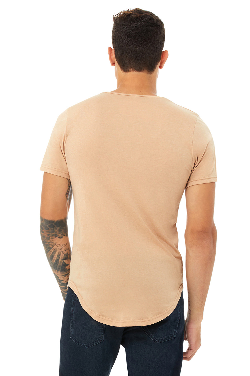 Bella + Canvas 3003C Mens Curved Hem Short Sleeve Crewneck T-Shirt Heather Sand Dune Model Back