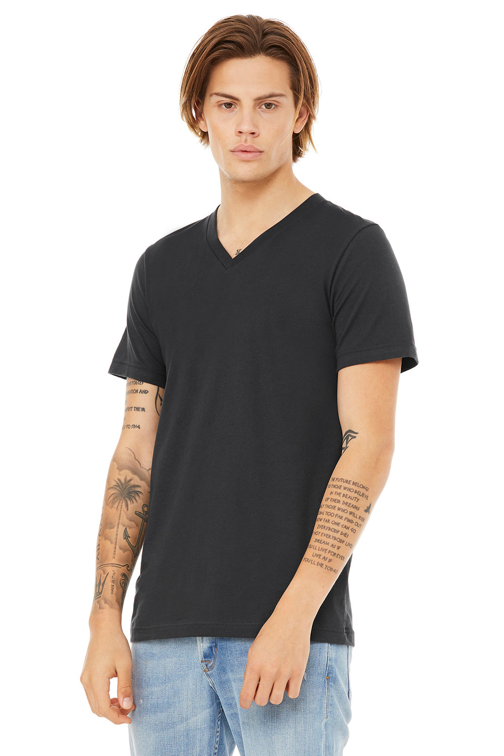 Bella + Canvas BC3005/3005/3655C Mens Jersey Short Sleeve V-Neck T-Shirt Dark Grey Model 3Q