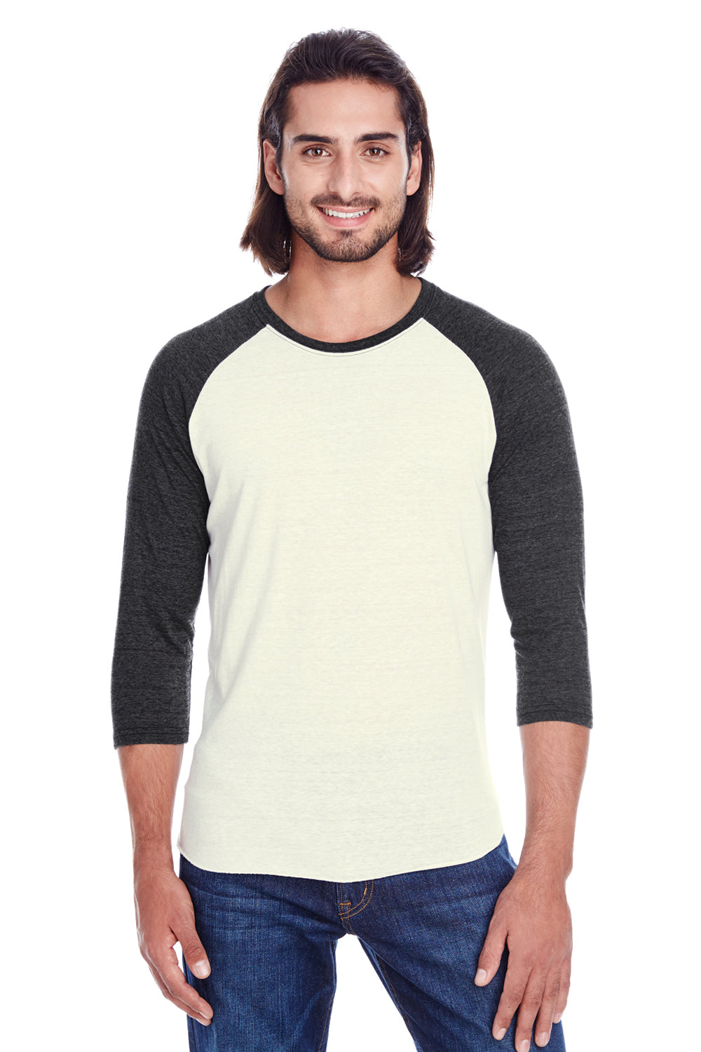 Threadfast Apparel 302G Mens 3/4 Sleeve Crewneck T-Shirt Cream/Black Model Front