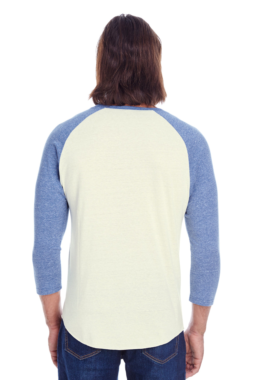 Threadfast Apparel 302G Mens 3/4 Sleeve Crewneck T-Shirt Cream/Navy Blue Model Back