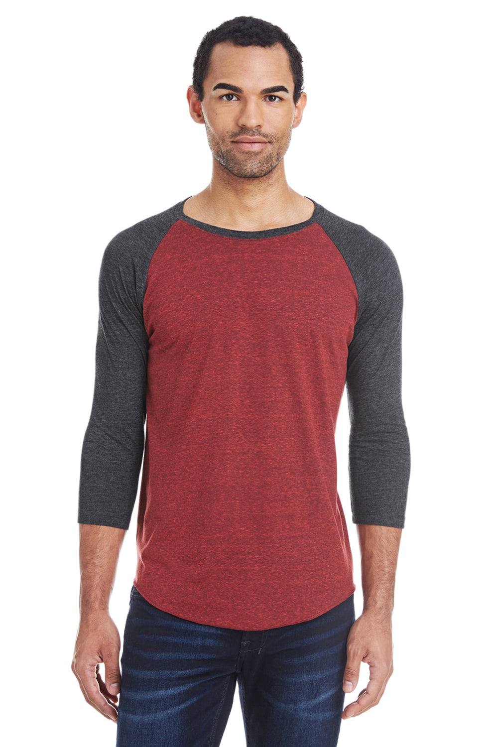 Threadfast Apparel 302G Mens 3/4 Sleeve Crewneck T-Shirt Cardinal Red/Black Model Front