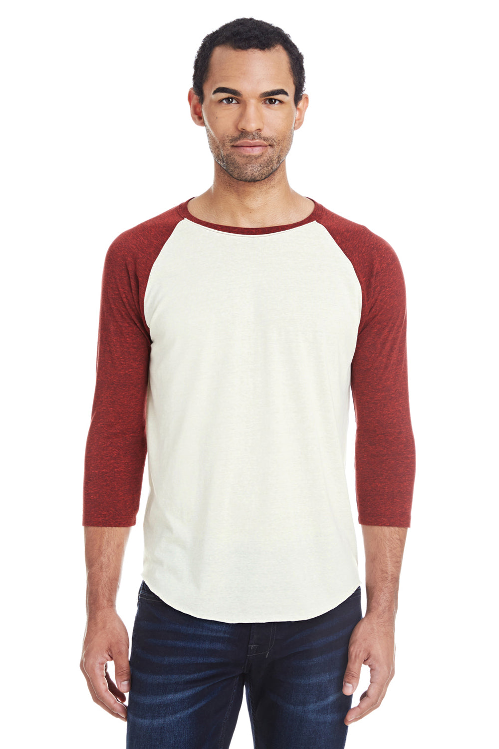 Threadfast Apparel 302G Mens 3/4 Sleeve Crewneck T-Shirt Cream/Cardinal Red Model Front