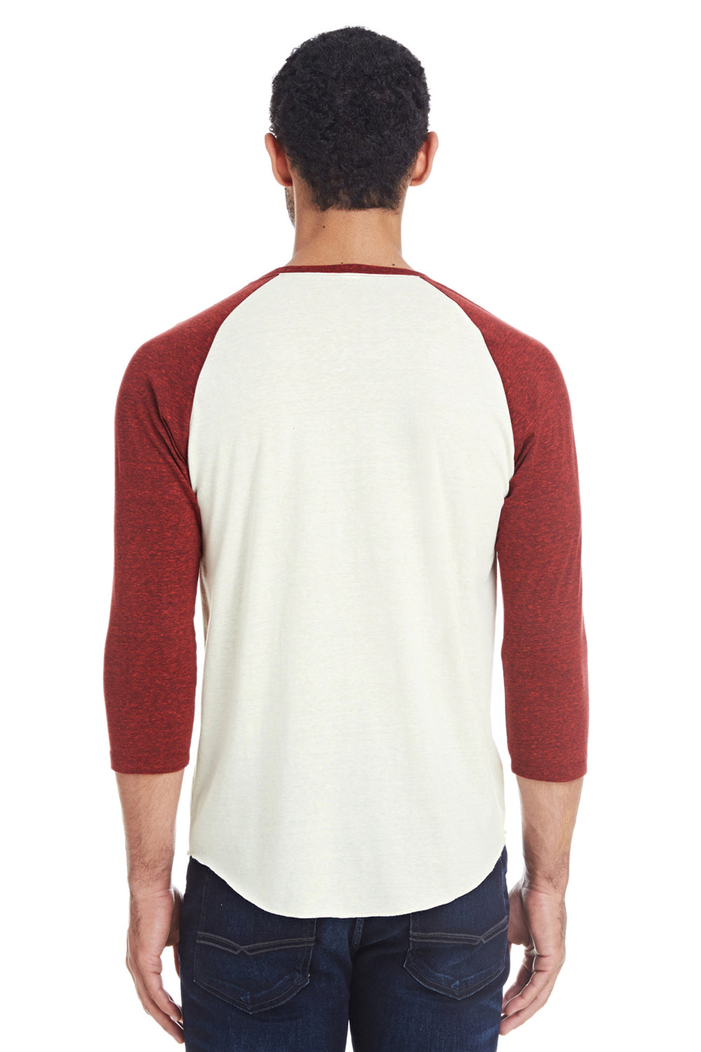 Threadfast Apparel 302G Mens 3/4 Sleeve Crewneck T-Shirt Cream/Cardinal Red Model Back