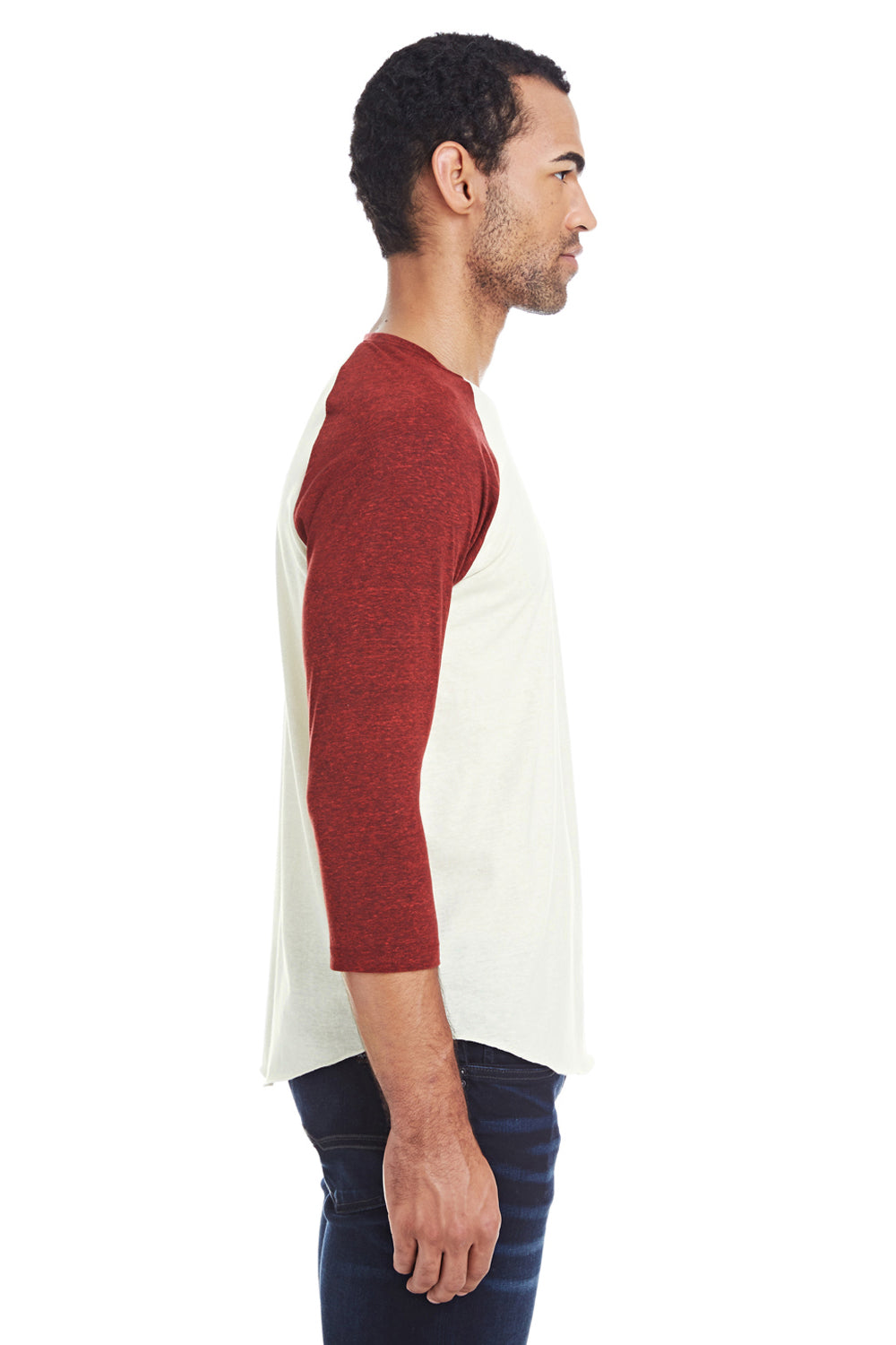 Threadfast Apparel 302G Mens 3/4 Sleeve Crewneck T-Shirt Cream/Cardinal Red Model Side