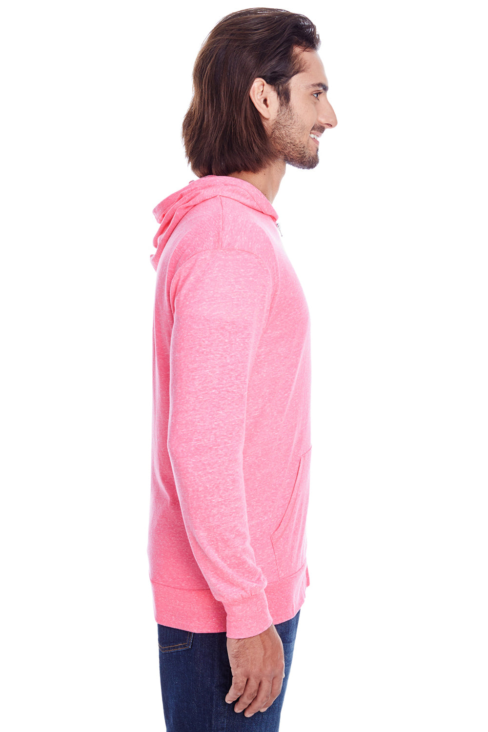 Threadfast Apparel 302Z Mens Full Zip Hooded Sweatshirt Hoodie w/ Pockets Neon Pink Model Side