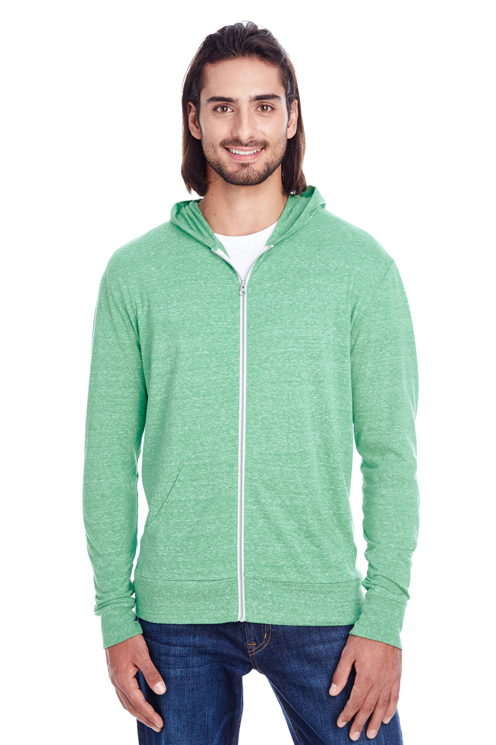 Threadfast Apparel 302Z Mens Full Zip Hooded Sweatshirt Hoodie w/ Pockets Green Model Front