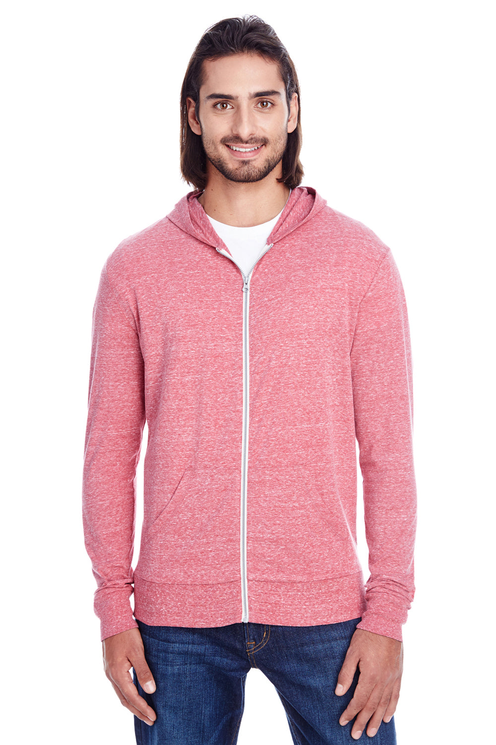 Threadfast Apparel 302Z Mens Full Zip Hooded Sweatshirt Hoodie w/ Pockets Red Model Front