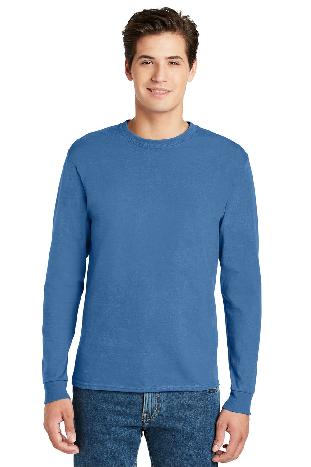 Hanes 5586 Mens ComfortSoft Long Sleeve Crewneck T-Shirt Carolina Blue Model Front