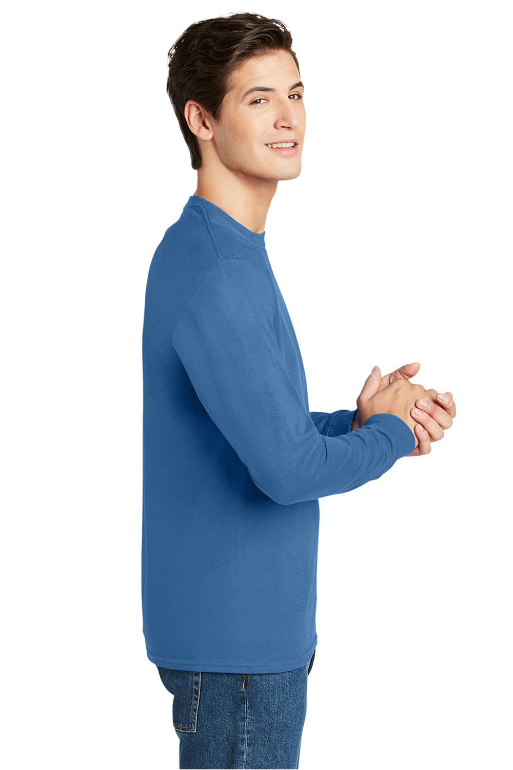 Hanes 5586 Mens ComfortSoft Long Sleeve Crewneck T-Shirt Carolina Blue Model Side