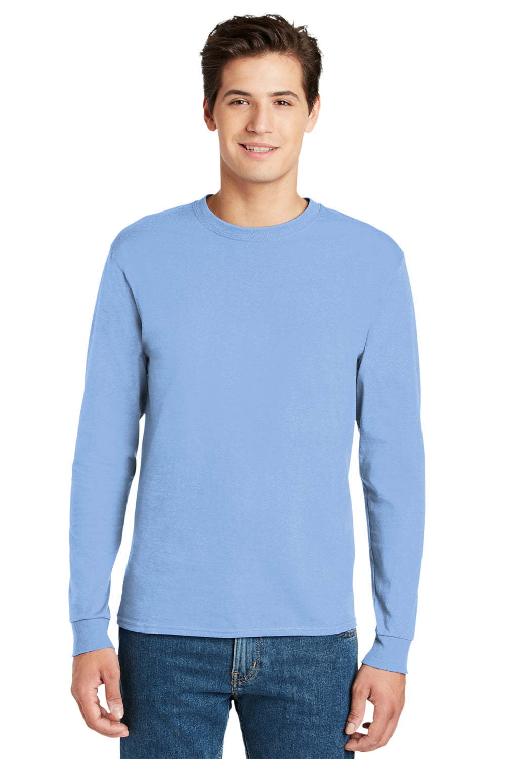 Hanes 5586 Mens ComfortSoft Long Sleeve Crewneck T-Shirt Light Blue Model Front