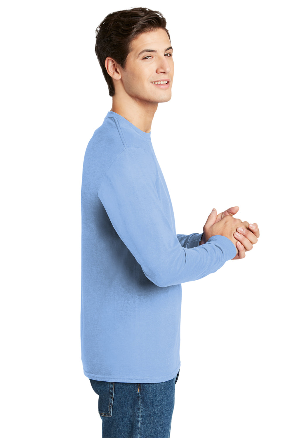 Hanes 5586 Mens ComfortSoft Long Sleeve Crewneck T-Shirt Light Blue Model Side