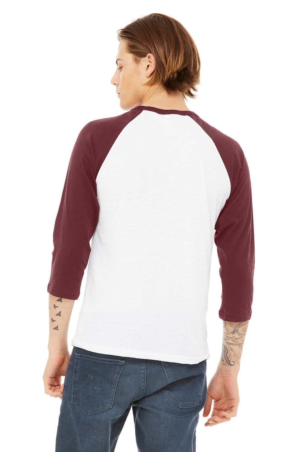 Bella + Canvas BC3200/3200 Mens 3/4 Sleeve Crewneck T-Shirt White/Maroon Model Back