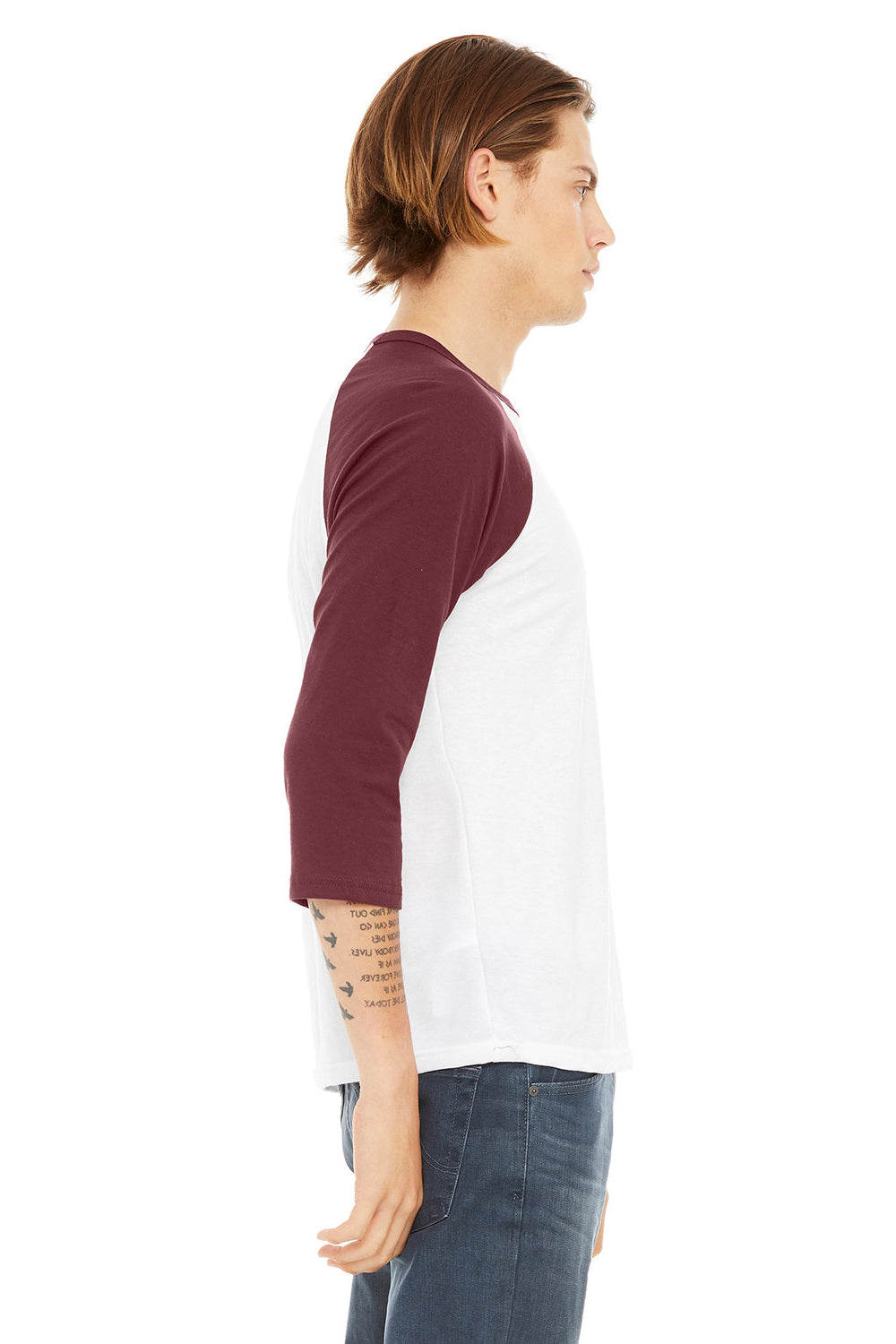 Bella + Canvas BC3200/3200 Mens 3/4 Sleeve Crewneck T-Shirt White/Maroon Model Side