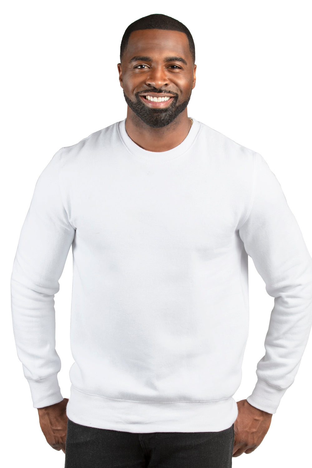 Threadfast Apparel 320C Mens Ultimate Fleece Crewneck Sweatshirt White Model Front