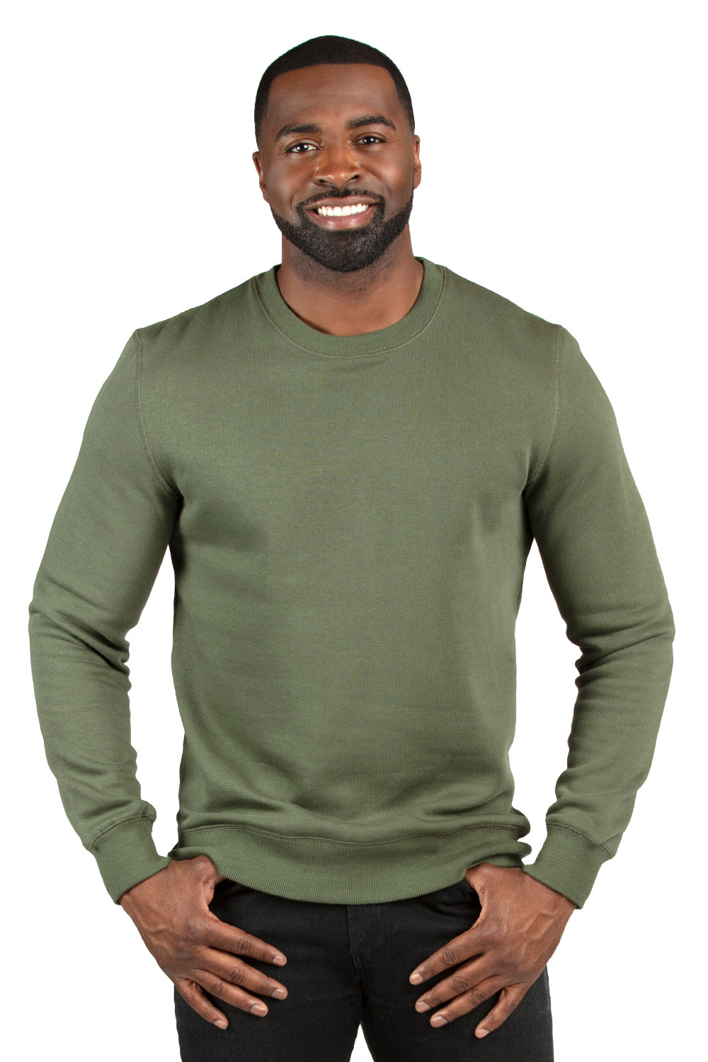 Threadfast Apparel 320C Mens Ultimate Fleece Crewneck Sweatshirt Army Green Model Front