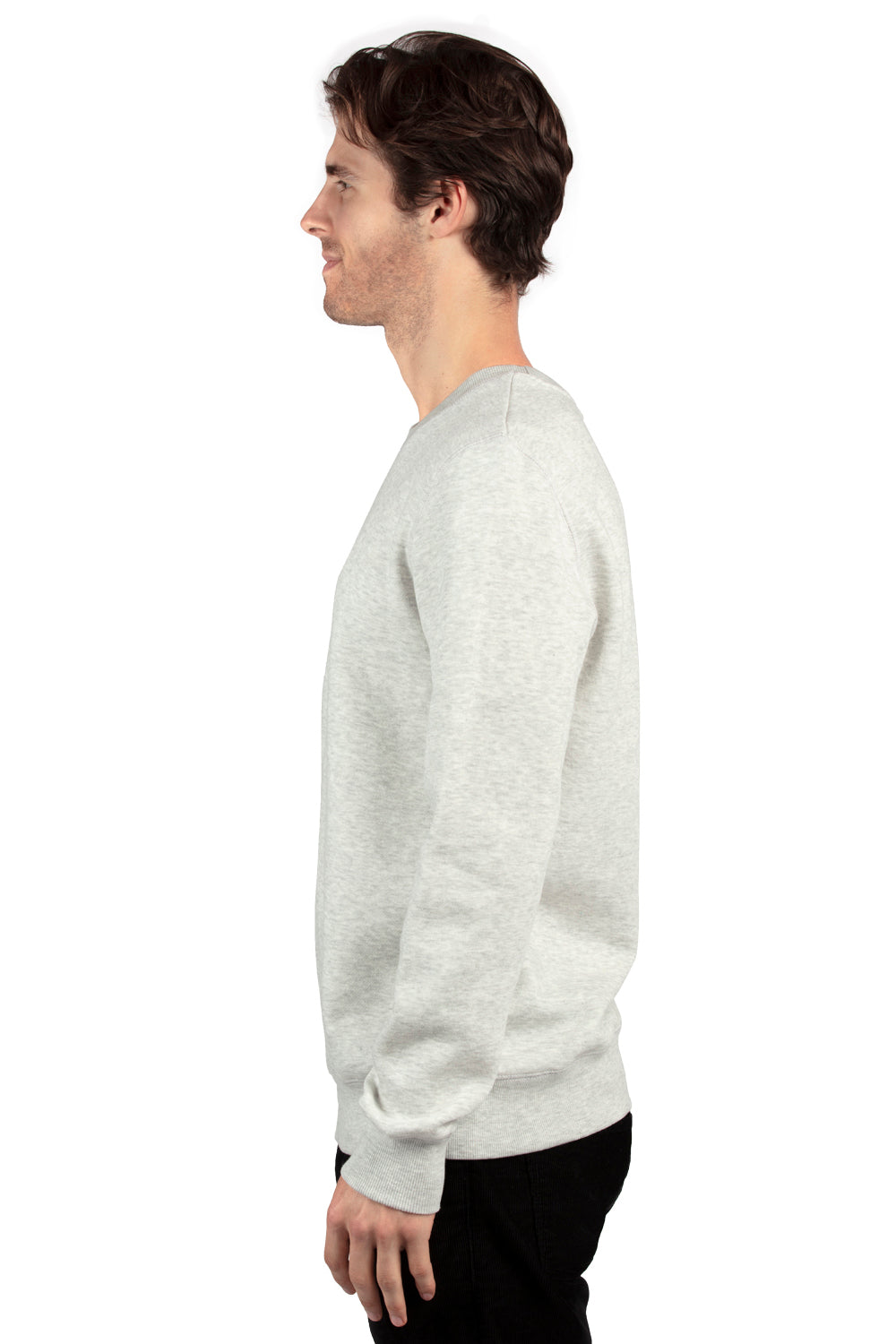 Threadfast Apparel 320C Mens Ultimate Fleece Crewneck Sweatshirt Heather Oatmeal Model Side