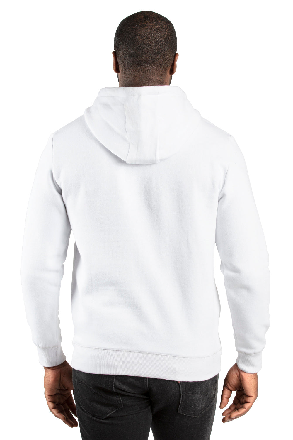 Threadfast Apparel 320H Mens Ultimate Fleece Hooded Sweatshirt Hoodie w/ Pockets White Model Back