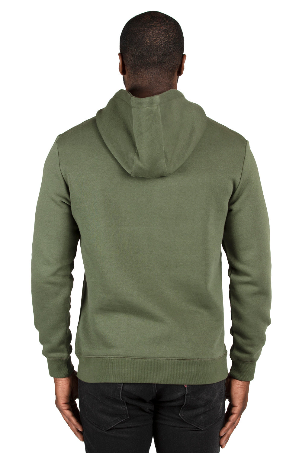 Threadfast Apparel 320H Mens Ultimate Fleece Hooded Sweatshirt Hoodie w/ Pockets Army Green Model Back