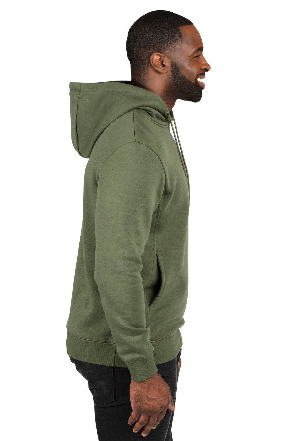 Threadfast Apparel 320H Mens Ultimate Fleece Hooded Sweatshirt Hoodie w/ Pockets Army Green Model Side