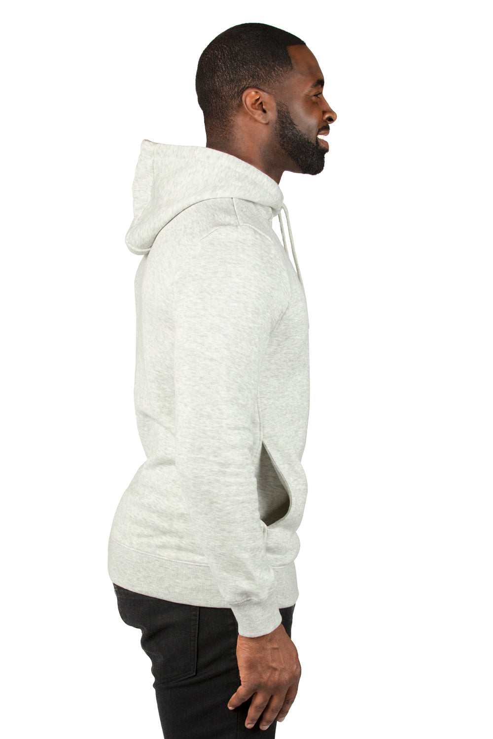 Threadfast Apparel 320H Mens Ultimate Fleece Hooded Sweatshirt Hoodie w/ Pockets Heather Oatmeal Model Side