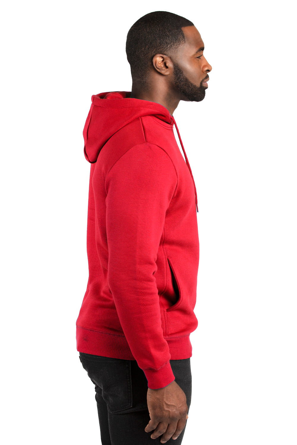 Threadfast Apparel 320H Mens Ultimate Fleece Hooded Sweatshirt Hoodie w/ Pockets Red Model Side