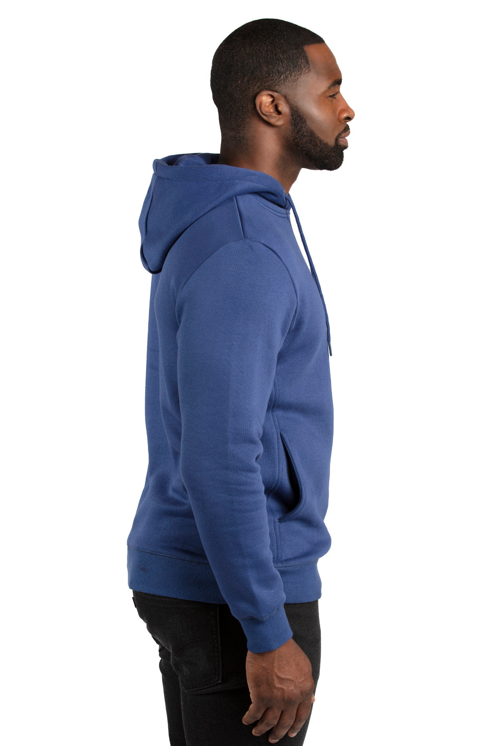 Threadfast Apparel 320H Mens Ultimate Fleece Hooded Sweatshirt Hoodie w/ Pockets Navy Blue Model Side