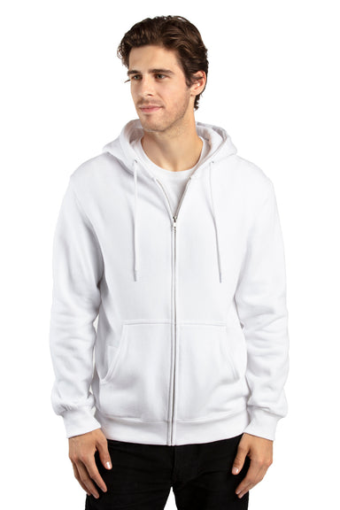 Threadfast Apparel 320Z Mens Ultimate Fleece Full Zip Hooded Sweatshirt Hoodie w/ Pockets White Model Front