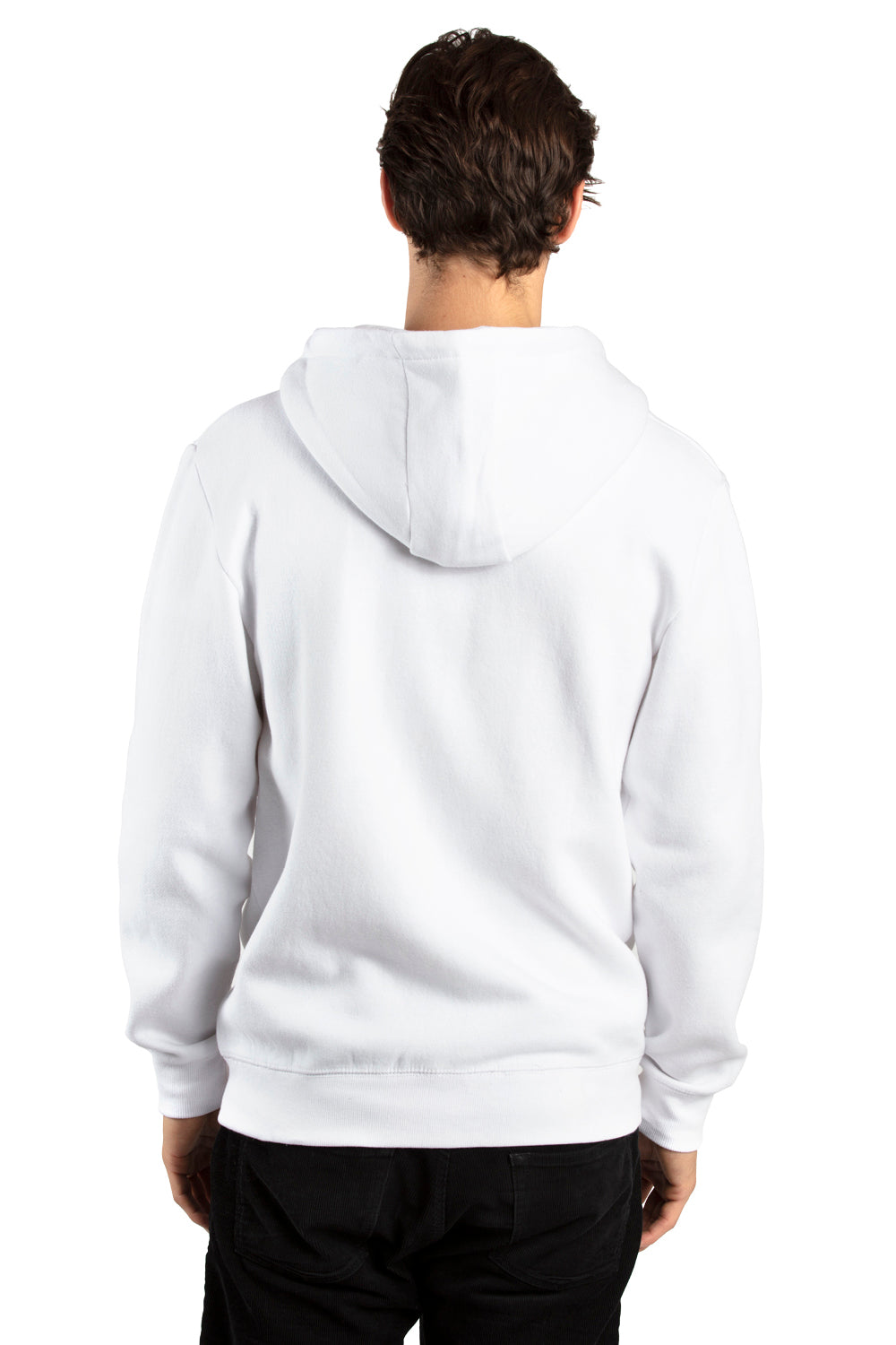 Threadfast Apparel 320Z Mens Ultimate Fleece Full Zip Hooded Sweatshirt Hoodie w/ Pockets White Model Back