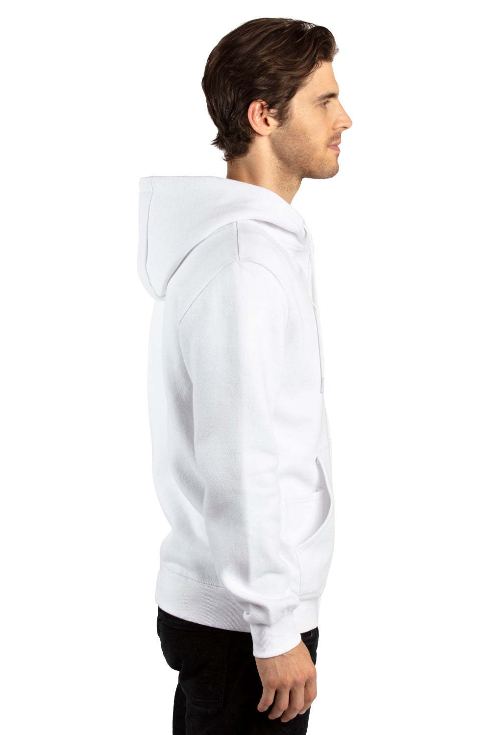 Threadfast Apparel 320Z Mens Ultimate Fleece Full Zip Hooded Sweatshirt Hoodie w/ Pockets White Model Side