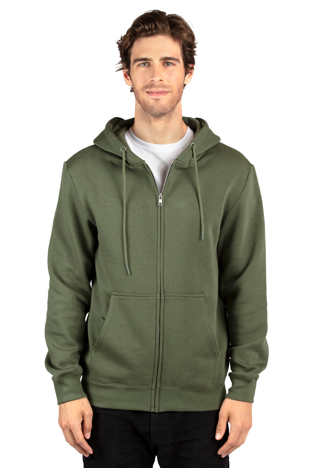 Threadfast Apparel 320Z Mens Ultimate Fleece Full Zip Hooded Sweatshirt Hoodie w/ Pockets Army Green Model Front